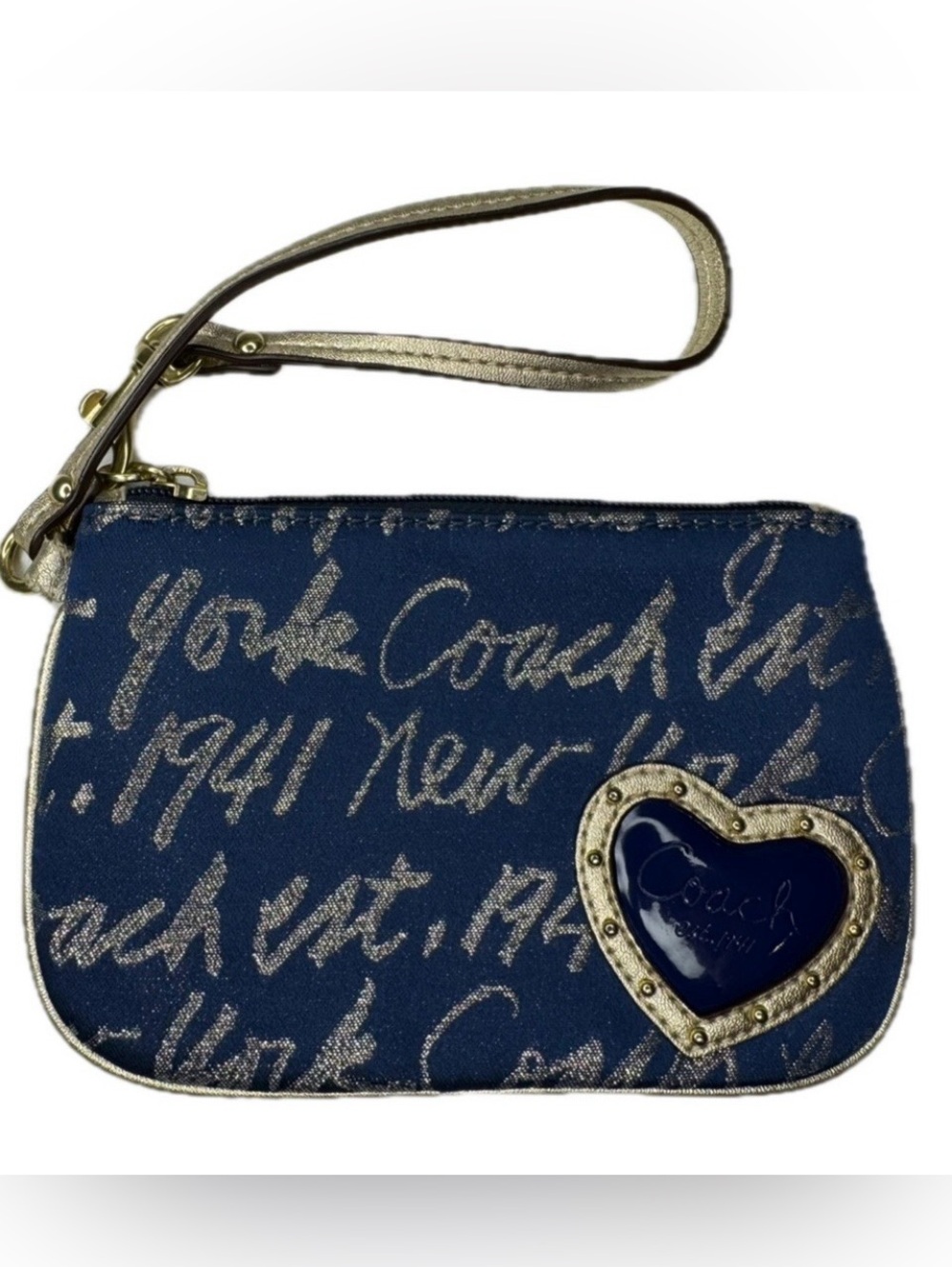 Coach Y2K Vintage New York Script Blue and Gold Wristlet (NWT)